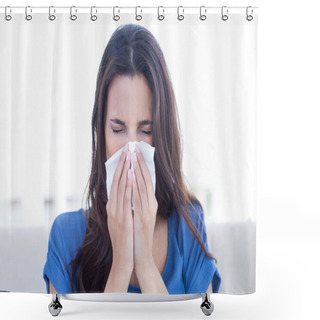 Personality  Sick Brunette Blowing Her Nose  Shower Curtains