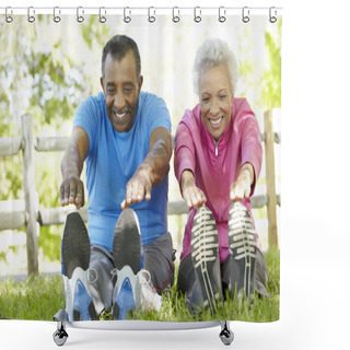 Personality  Senior Couple Exercising In Park Shower Curtains