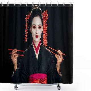 Personality  Happy Beautiful Geisha In Black Kimono With Red Flowers In Hair Holding Chopsticks Isolated On Black Shower Curtains