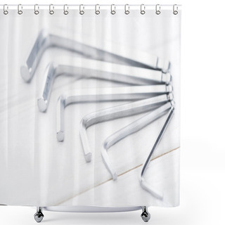 Personality  Close Up View Of Metal Hek Keys On White Wooden Background Shower Curtains