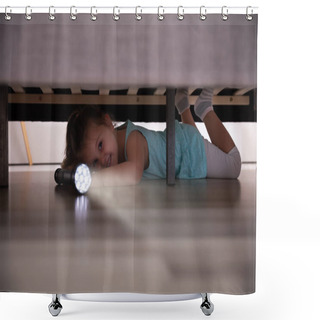 Personality  Little Girl Lying Under The Bed Searching For Something With Flash Light At Home Shower Curtains