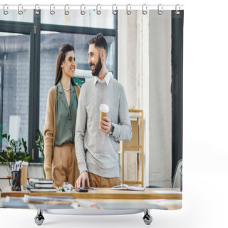 Personality  A Man And A Woman Engage In Productive Discussion In A Modern Office Space, Highlighting Corporate Teamwork And Communication. Shower Curtains