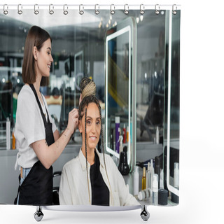 Personality  Salon Experience, Happy Hair Stylist Doing Hair Bun To Female Client With Braids, Cheerful Women, Client Satisfaction, Customer In Salon, Beauty Service, Feminine, Tattooed, Hair Make Over  Shower Curtains