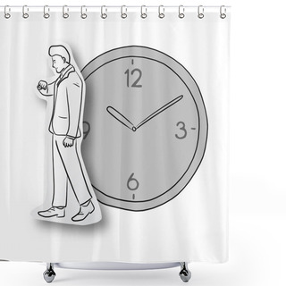 Personality  Vector Illustration Black Line Hand Drawn Of Businessman Looking At Watch On Cut Paper With Shadow And Big Clock Isolated On White Background. Paper Art. Business Punctuality Concept. Shower Curtains