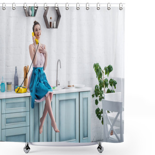 Personality  Happy Young Woman In Apron Sitting On Table And Talking On Retro Yellow Telephone In Kitchen   Shower Curtains