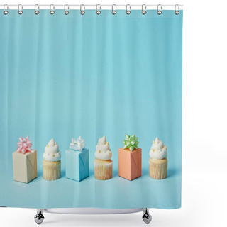 Personality  Delicious Cupcakes And Diffrent Gifts On Blue Background Shower Curtains