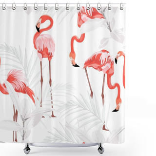 Personality  Pink Flamingo, White Background. Floral Seamless Pattern. Tropical Illustration. Exotic Plants, Birds. Summer Beach Design. Paradise Nature. Shower Curtains