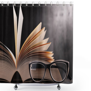 Personality  Composition With Open Book And Glasses On The Table Shower Curtains