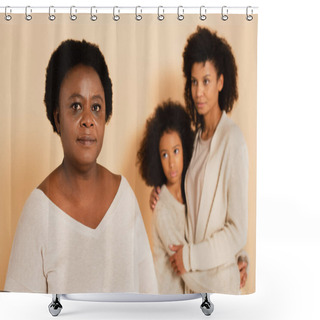 Personality  African American Mother Embracing With Daughter And Looking At Grandmother Standing Seriously On Beige Background Shower Curtains