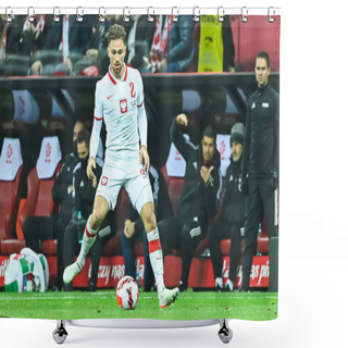 Personality  WARSAW, POLAND - NOVEMBER 15, 2021: FIFA WORLD CUP 2022 QUALIFYING ROUND MATCH POLAND - HUNGARY 1:2. In Action Matty Cash (R). Shower Curtains