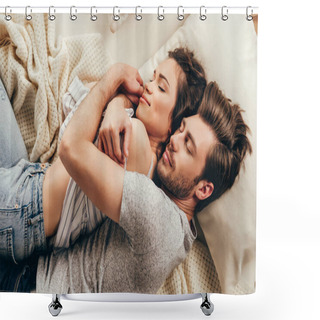 Personality  Young Couple Hugging At Home  Shower Curtains