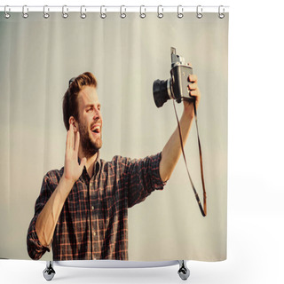 Personality  Travel Blogger. Reporter Taking Photo. Vintage Equipment. Blogger Shooting Vlog. Vacation Time. Handsome Blogger Guy Traveler Retro Camera. Guy Outdoors Blue Sky Background. Photojournalist Concept Shower Curtains