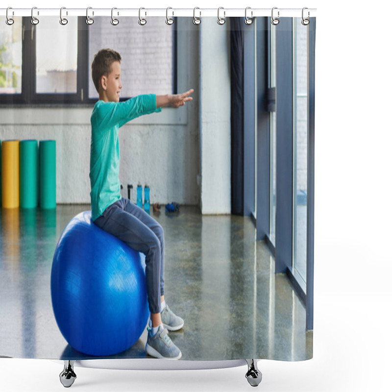 Personality  Cute Preadolescent Boy In Blue Sportswear Stretching And Training On Fitness Ball, Child Sport Shower Curtains