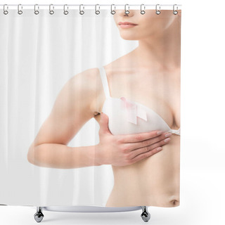 Personality  Partial View Of Woman In Bra With Pink Ribbon Isolated On White Shower Curtains