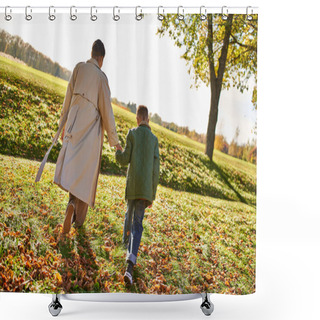 Personality  Golden Hour, Mother And Son Walking In Park, Hold Hands, Autumn Leaves, Fall, African American Shower Curtains