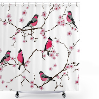 Personality  Bullfinches On The Sakura Branch Seamless Pattern, EPS10 File Shower Curtains