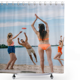 Personality  Happy Young People Playing With Flying Disc On Sandy Beach Shower Curtains