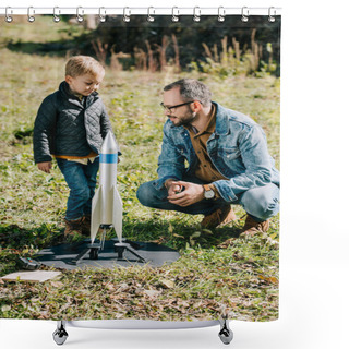 Personality  Happy Father And Cute Little Son Playing With Model Rocket Outdoor Shower Curtains