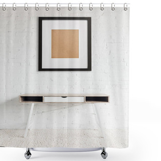 Personality  Modern Table Standing On Carpet Near Black Frame Hanging On White Brick Wall  Shower Curtains
