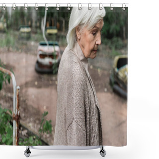 Personality  PRIPYAT, UKRAINE - AUGUST 15, 2019: Sad Senior Woman Standing In Amusement Park  Shower Curtains