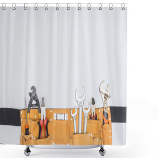 Personality  Top View Of Tool Kit Belt With Repairman Instruments Isolated On White Shower Curtains