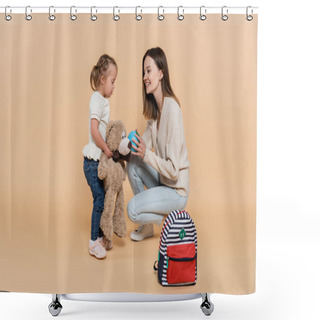 Personality  Happy Mother Holding Small Globe Near Kid With Down Syndrome Hugging Teddy Bear On Beige Shower Curtains