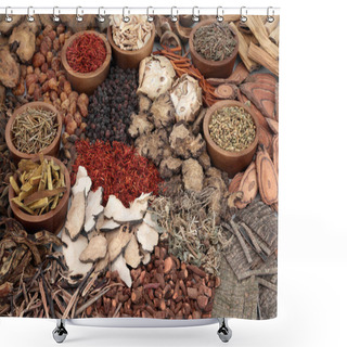 Personality  Traditional Chinese Herbal Medicine Collection With Dried Herbs & Spice. Alternative & Natural Health Care Concept. Shower Curtains
