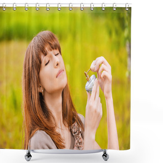 Personality  Young Woman Putting Scent On Herself Shower Curtains