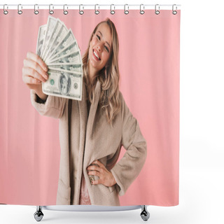 Personality  Young Pretty Woman Posing Isolated Over Pink Wall Background Holding Money. Shower Curtains