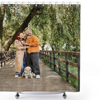 Personality  A Man And Woman With A Dog Stand On A Bridge, Enjoying A Leisurely Stroll. Shower Curtains