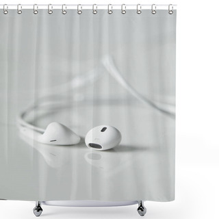 Personality  Selective Focus Of White Wired Earphones On White Surface With Copy Space Shower Curtains