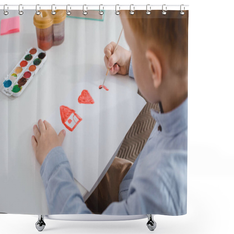 Personality  Partial View Of Preschooler Red Hair Boy Drawing Picture At Table In Classroom Shower Curtains