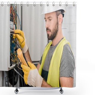 Personality  Handsome Electrician Checking Electrical Panel With Multimetr In Corridor Shower Curtains