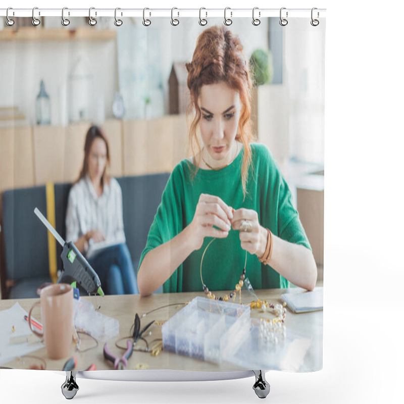 Personality  Beautiful Young Woman Making Necklace At Workshop Shower Curtains