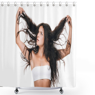 Personality  Brunette Beautiful Woman Looking At Wavy Hair Isolated On White Shower Curtains