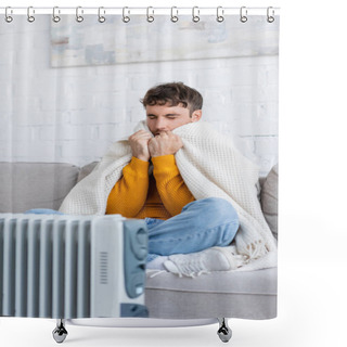 Personality  Young Man With Closed Eyes Holding Blanket And Sitting On Sofa Near Radiator Heater In Winter  Shower Curtains