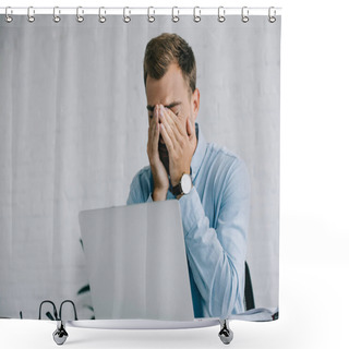 Personality  Young Businessman Suffering From Pain In Eyes While Working With Laptop Shower Curtains
