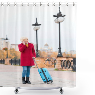 Personality  Senior Woman With Suitcase And Smartphone Shower Curtains