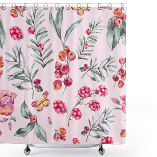 Personality  Watercolor Vintage Seamless Pattern With Berries, Wildflowers, Blackberry And Butterflies. Natural Floral Illustratio On Pink Background, Summer Flowers Shower Curtains