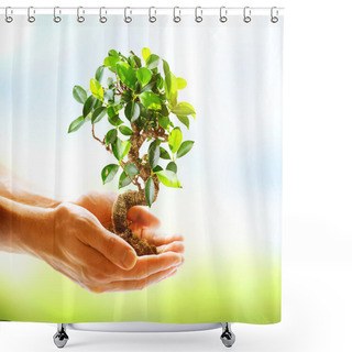 Personality  Human Hands Holding Green Plant Over Nature Background Shower Curtains