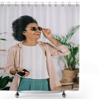 Personality  Laughing Attractive African American Businesswoman Touching Sunglasses In Office Shower Curtains