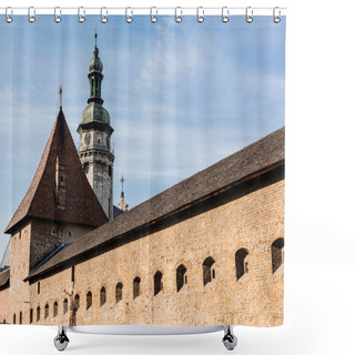 Personality  Korniakt Tower And Carmelite Monastery Wall Against Blue Sky In Lviv, Ukraine Shower Curtains