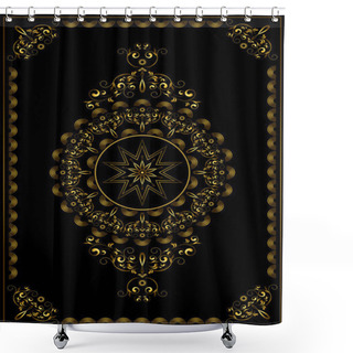 Personality  Vintage Luxury Gold Frame With Gold Swirls Of Ornament, Beads And A Radiant Star In The Center On A Black Backgroun Shower Curtains