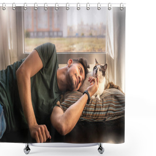 Personality  Young Man Lies Down Next To Black And White Cat And Caresses His Head Shower Curtains