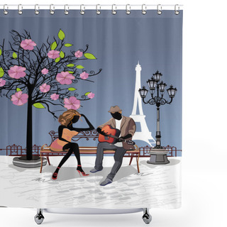 Personality  Romantic Couple With A Guitar Sitting On The Bench Shower Curtains