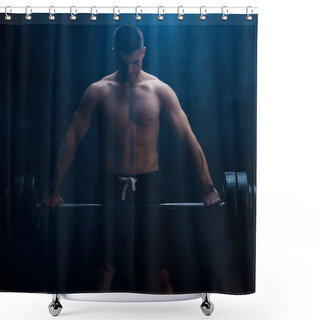 Personality  Sexy Muscular Bodybuilder With Bare Torso Excising With Barbell On Black Background With Smoke  Shower Curtains