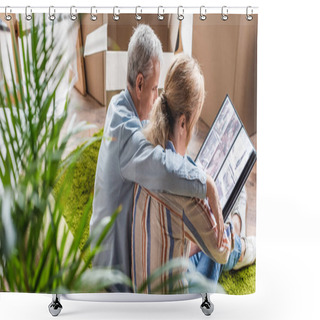 Personality  High Angle View Of Senior Couple Looking At Photo Album During Relocation In New House  Shower Curtains
