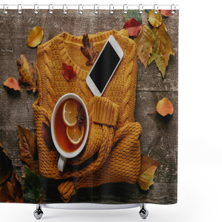Personality  Flat Lay With Cup Of Tea, Ornage Sweater, Smartphone With Blank Screen And Fallen Leaves On Wooden Surface Shower Curtains