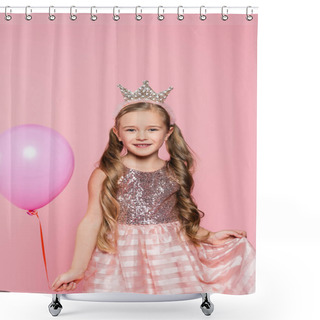 Personality  Joyful Little Girl In Dress And Crown Holding Balloon Isolated On Pink Shower Curtains