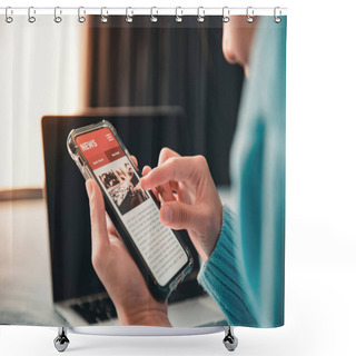 Personality  Online News On A Smartphone. Mockup Website. Woman Reading News Or Articles In A Mobile Phone Screen Application At Home. Newspaper And Portal On Internet. Shower Curtains
